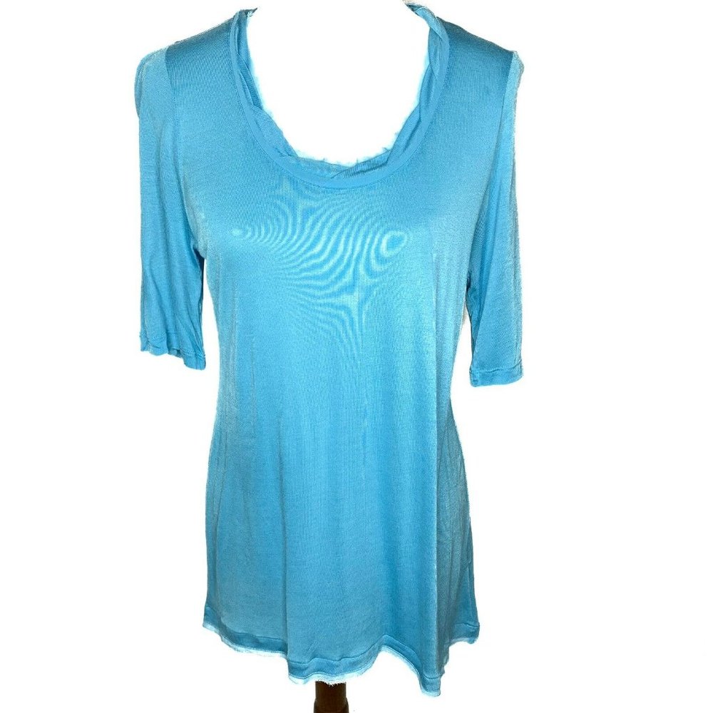 Soft Surroundings Half Sleeve Tunic Top Blue Size Medium Raw Edges